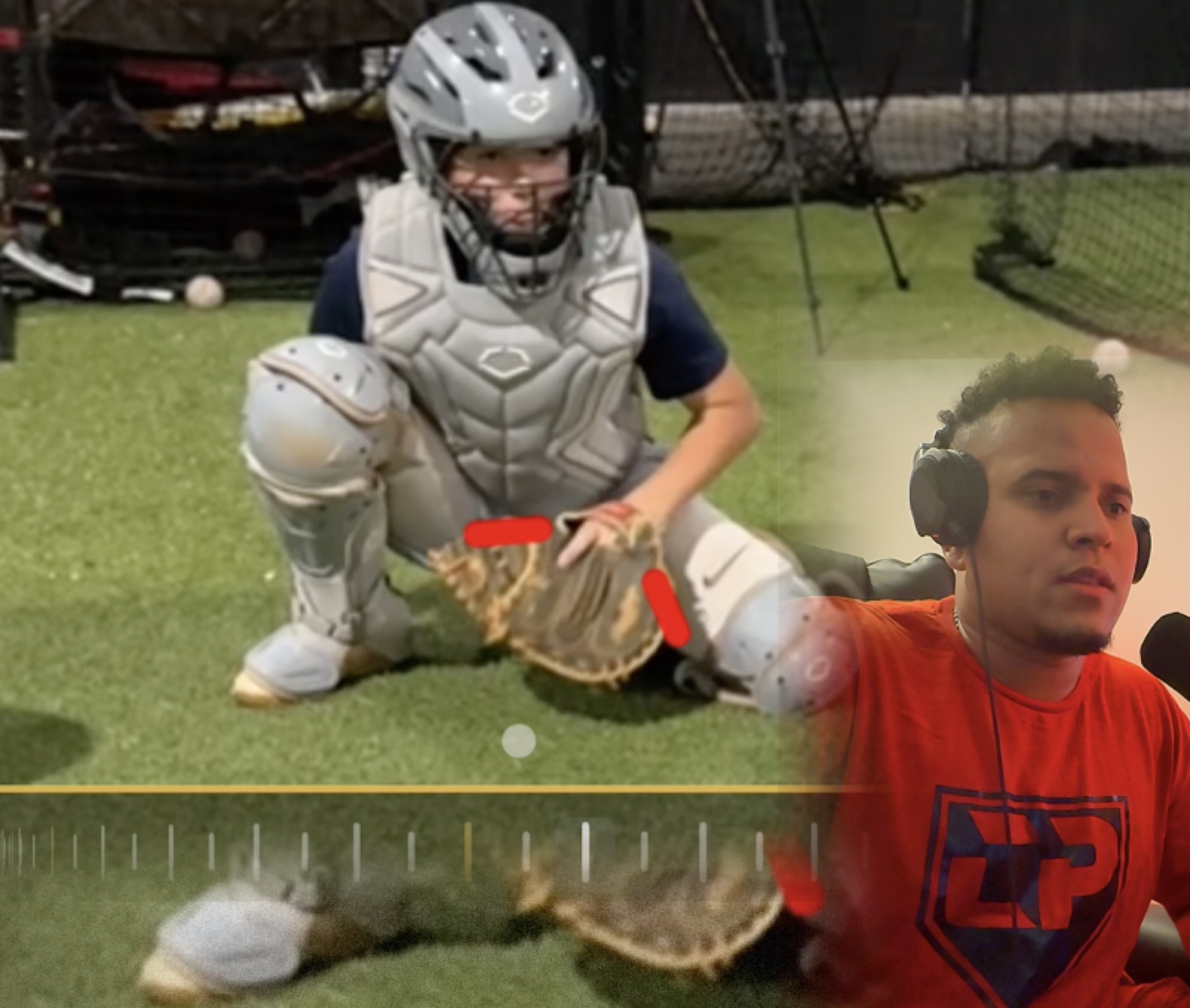 Catcher blocking analysis with coaching marks showing glove position