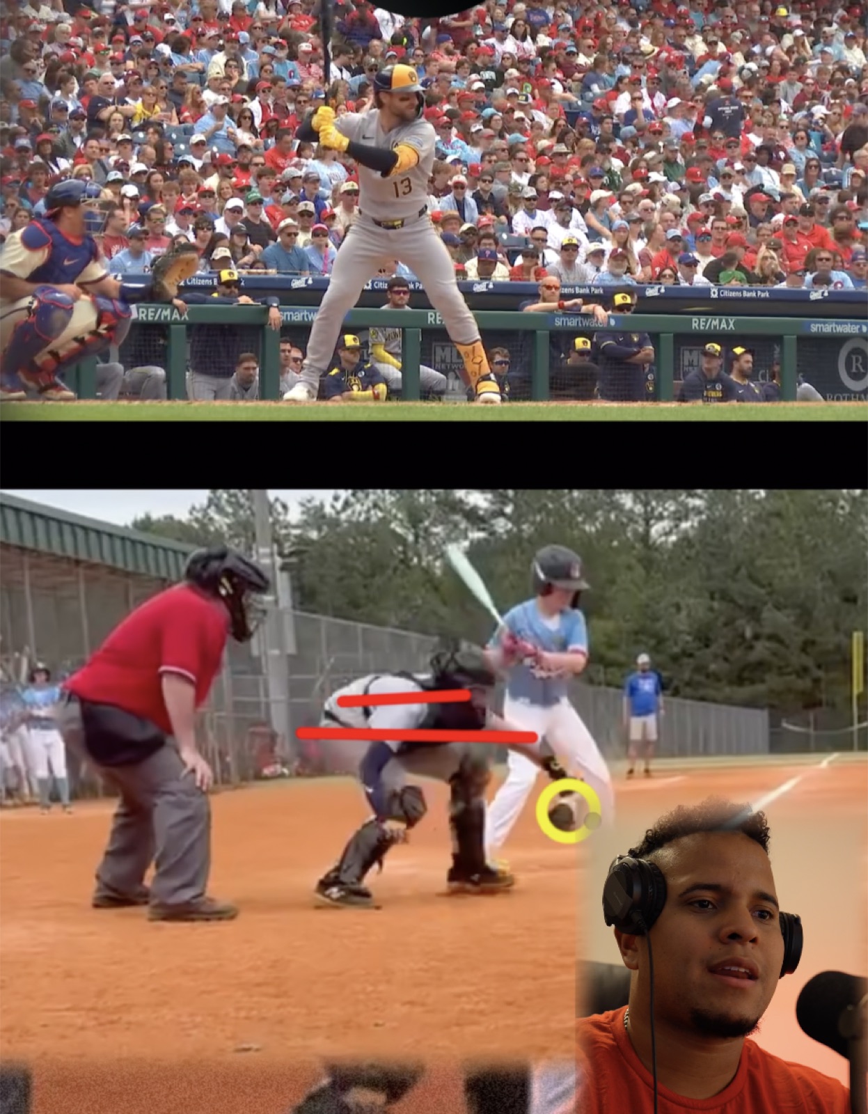 Catcher receiving video analysis with coaching marks showing the movement being discussed