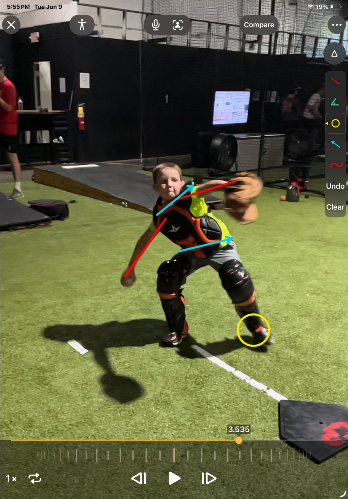 Youth catcher throwing analysis with direction lines, arrows, and a highlighted foot position