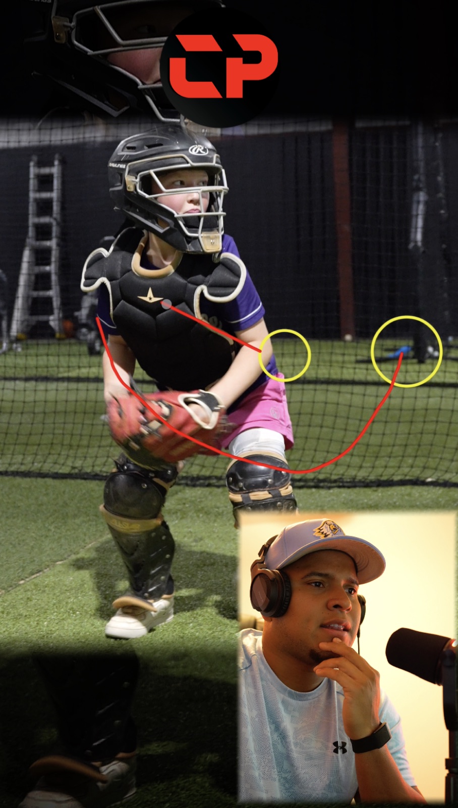 Youth catcher transfer analysis with a movement path and target circles